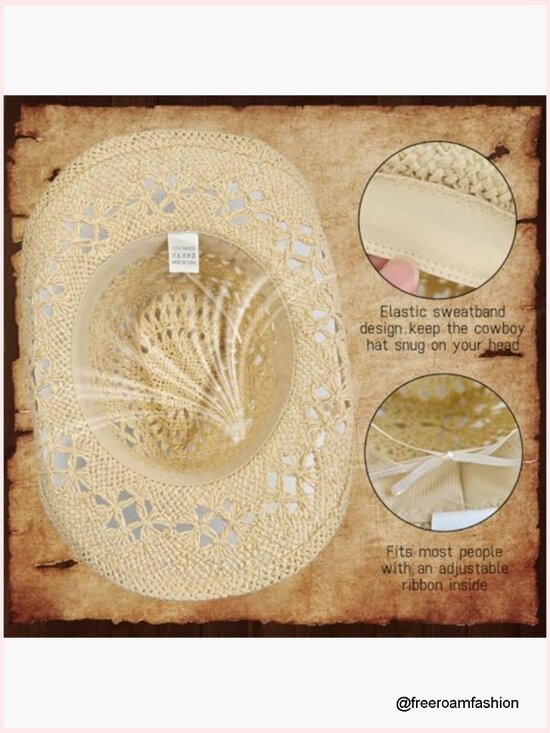 Woven Straw Cowboy Hat with Flexible Brim, Unisex Western Sun Hat, Breathable, main image 6